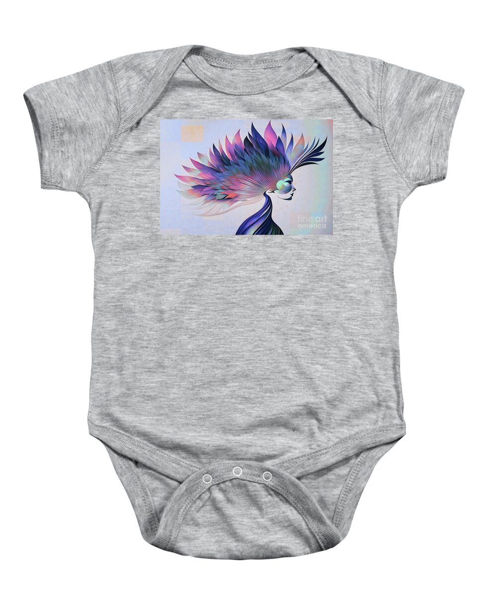 Abstract Baby Onesie featuring the digital art Peacock Woman Abstract Portrait - 00806 by Philip Preston
