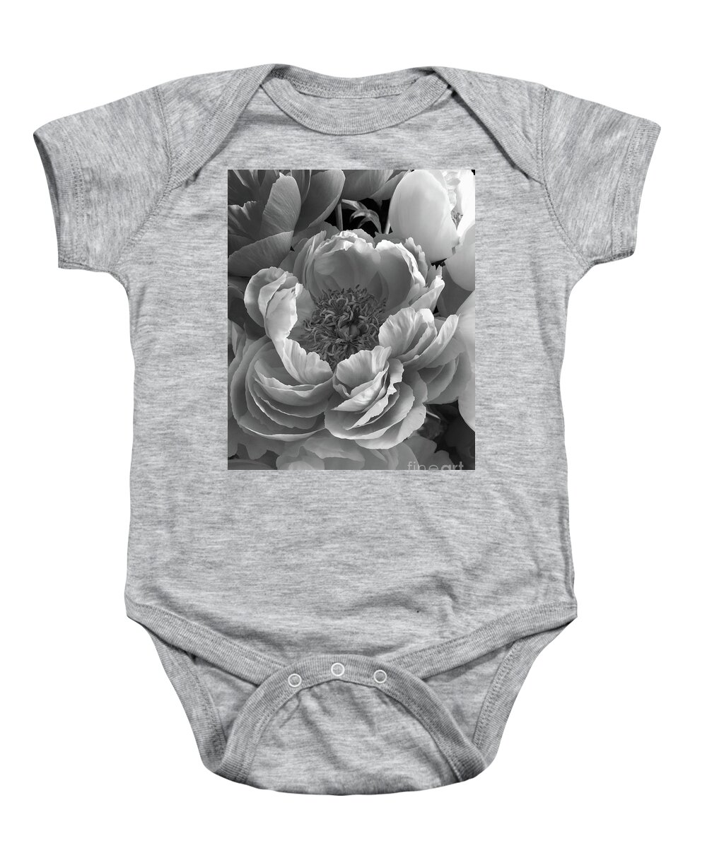 Dramatic Baby Onesie featuring the photograph Peonies Series B and W 1-3 by J Doyne Miller