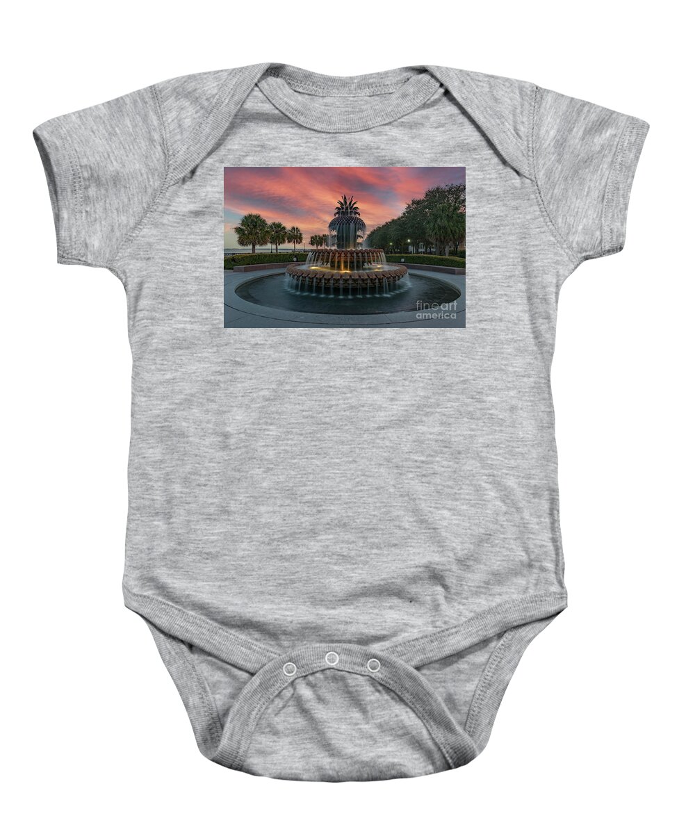 Pineapple Fountain Baby Onesie featuring the photograph Pineapple Fountain Sunset - Charleston - Waterfront Park by Dale Powell