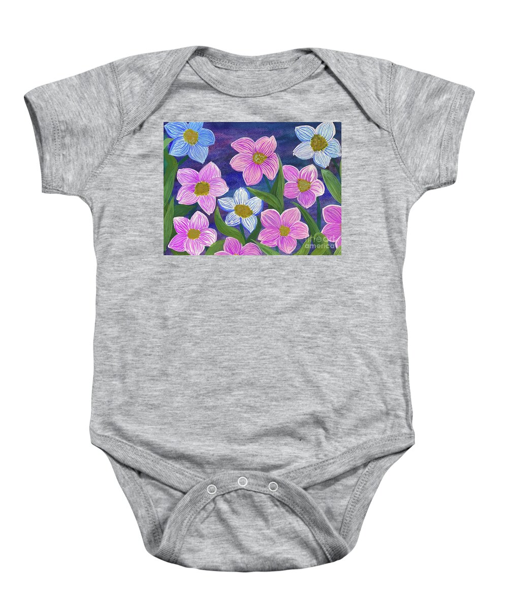 Pink Baby Onesie featuring the mixed media Pink and Blue Flowers by Lisa Neuman