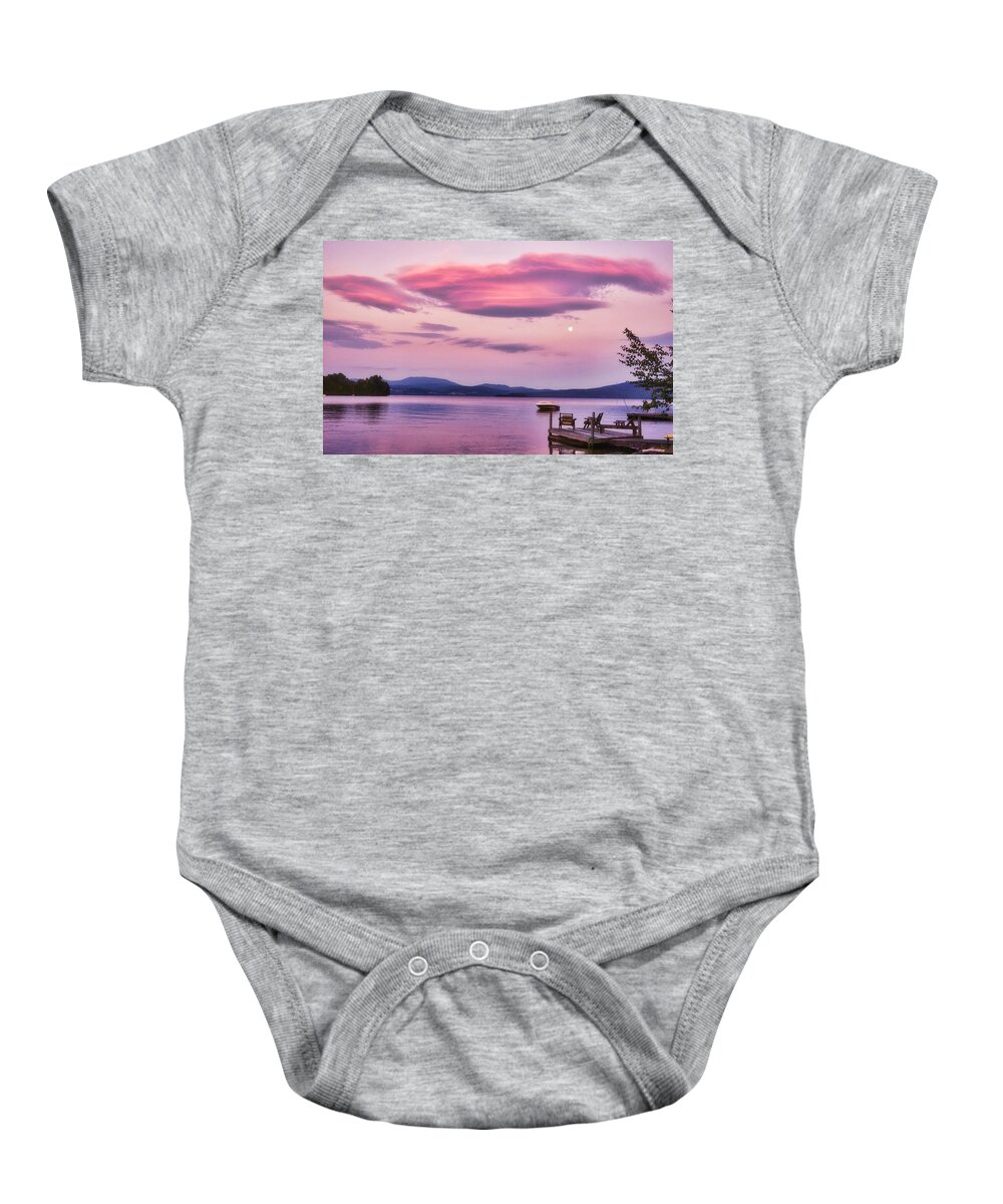 Moon Baby Onesie featuring the photograph Pink Clouds and Moon Over Rangeley, Maine by Russel Considine