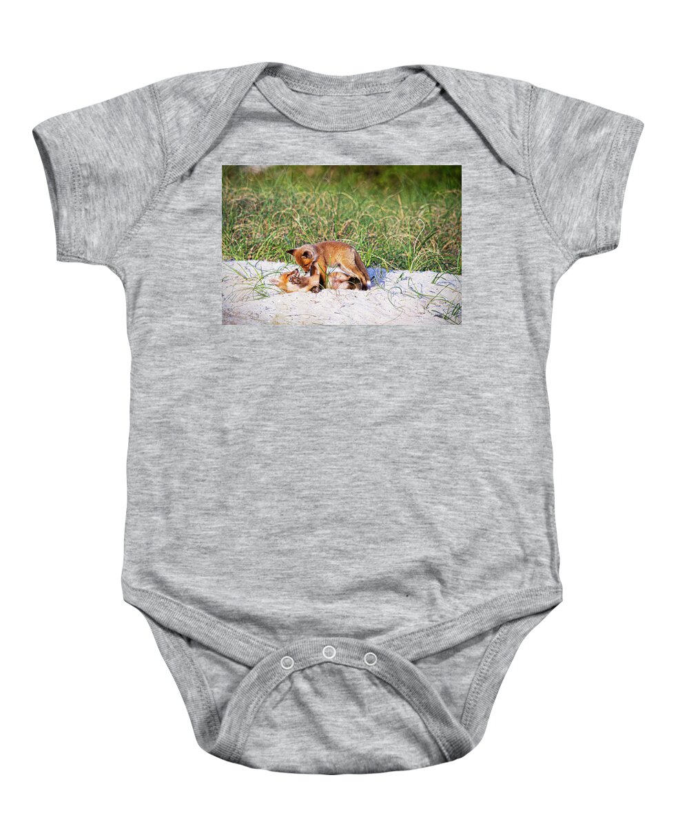 Red Fox Baby Onesie featuring the photograph Playful Red Foxes on the Outer Banks by Bob Decker