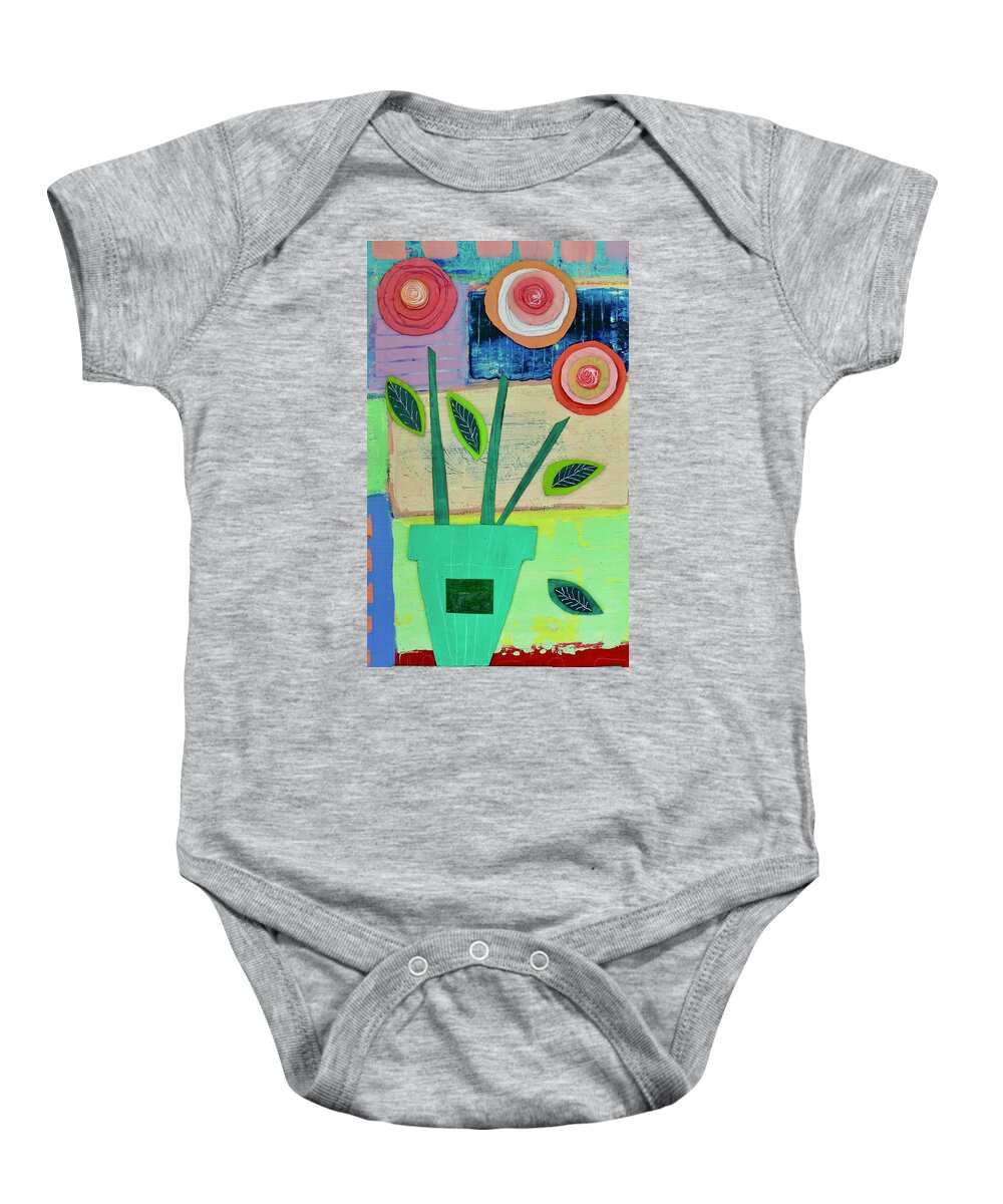 Abstract Baby Onesie featuring the mixed media Poppies in a green pot by Julia Malakoff