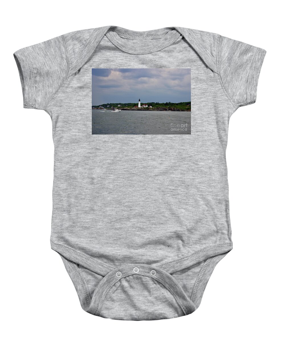 Portland Baby Onesie featuring the pyrography Portland Headlight by Annamaria Frost