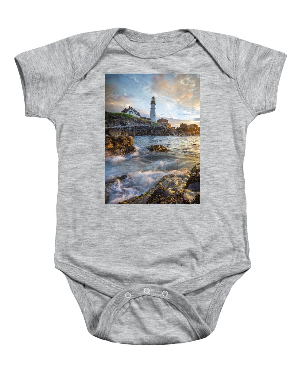 Lighthouse Baby Onesie featuring the photograph Portland Maine Head Light Cape Elizabeth by Jordan Hill