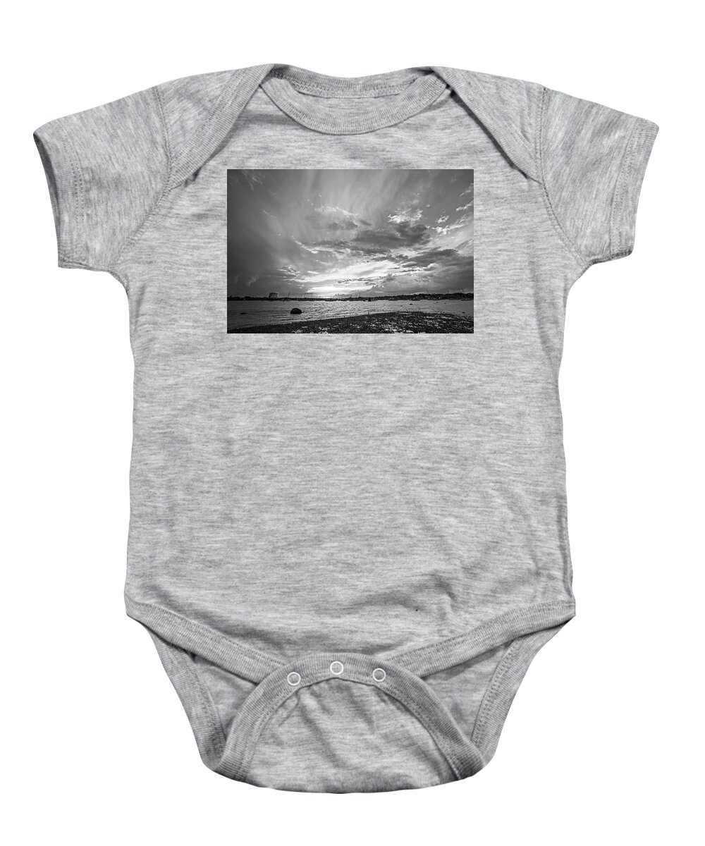 Salem Baby Onesie featuring the photograph Post Storm Sunset on Dead Horse Beach Salem Massachusetts Salem Willows Black and White by Toby McGuire