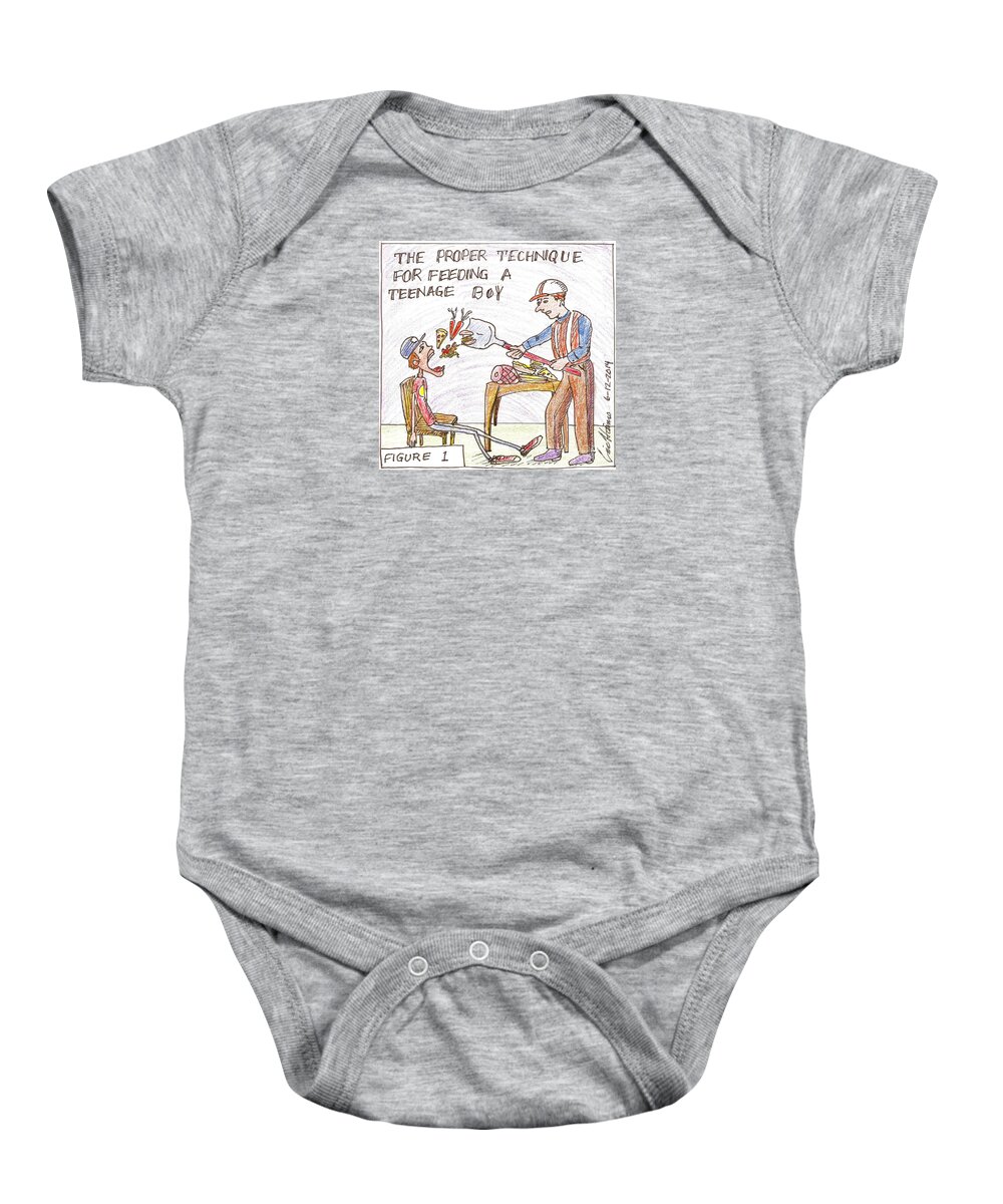 Teenager Baby Onesie featuring the drawing Proper Technique For Feeding a Teenage Boy by Eric Haines