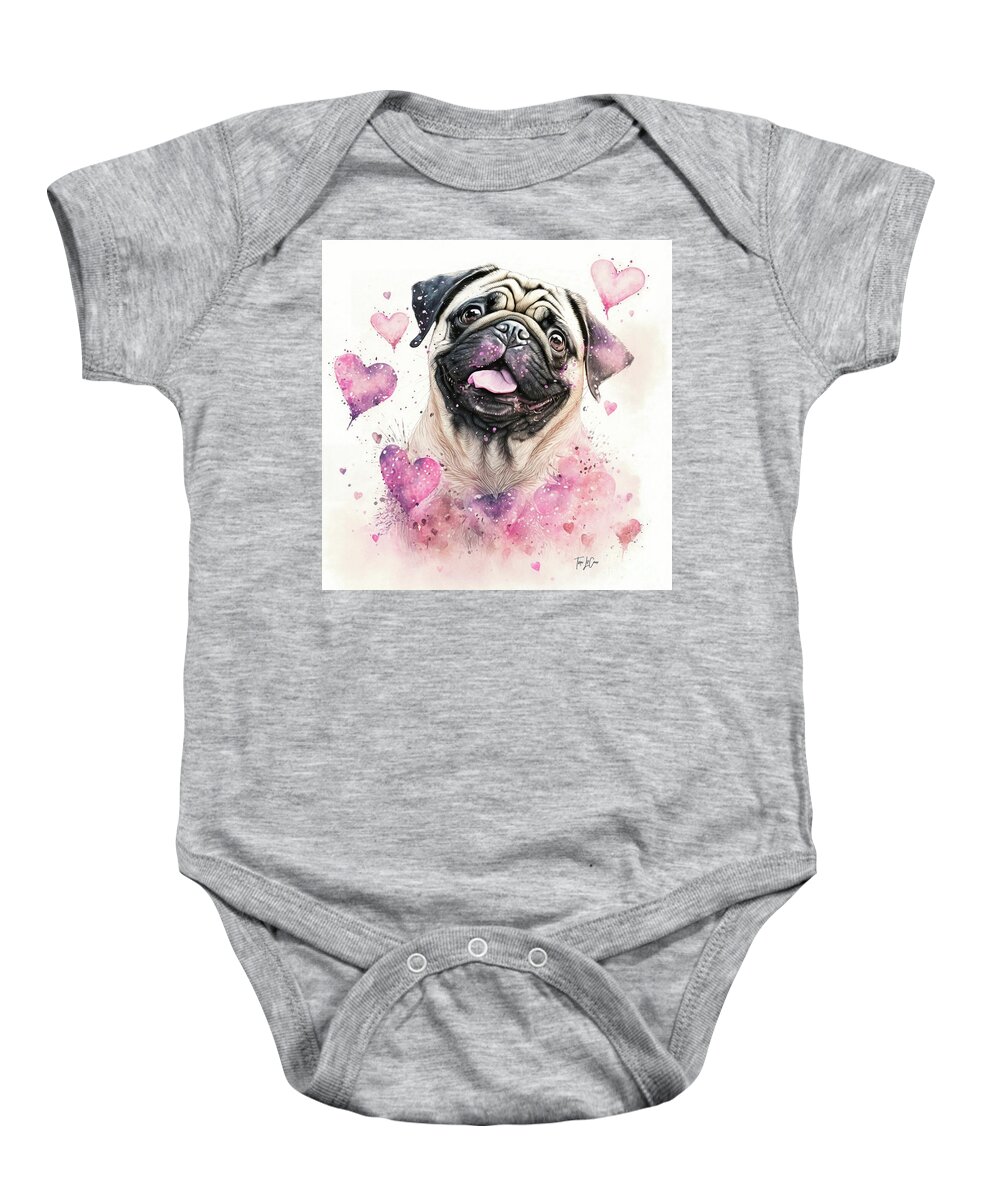Pug Baby Onesie featuring the painting Pug Love by Tina LeCour