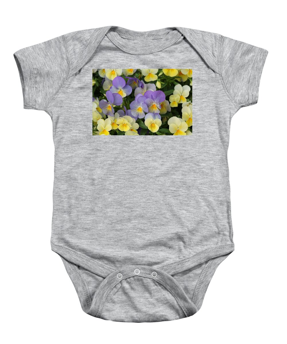 Nature Baby Onesie featuring the photograph Purple and Yellow Pansies by Sheila Brown