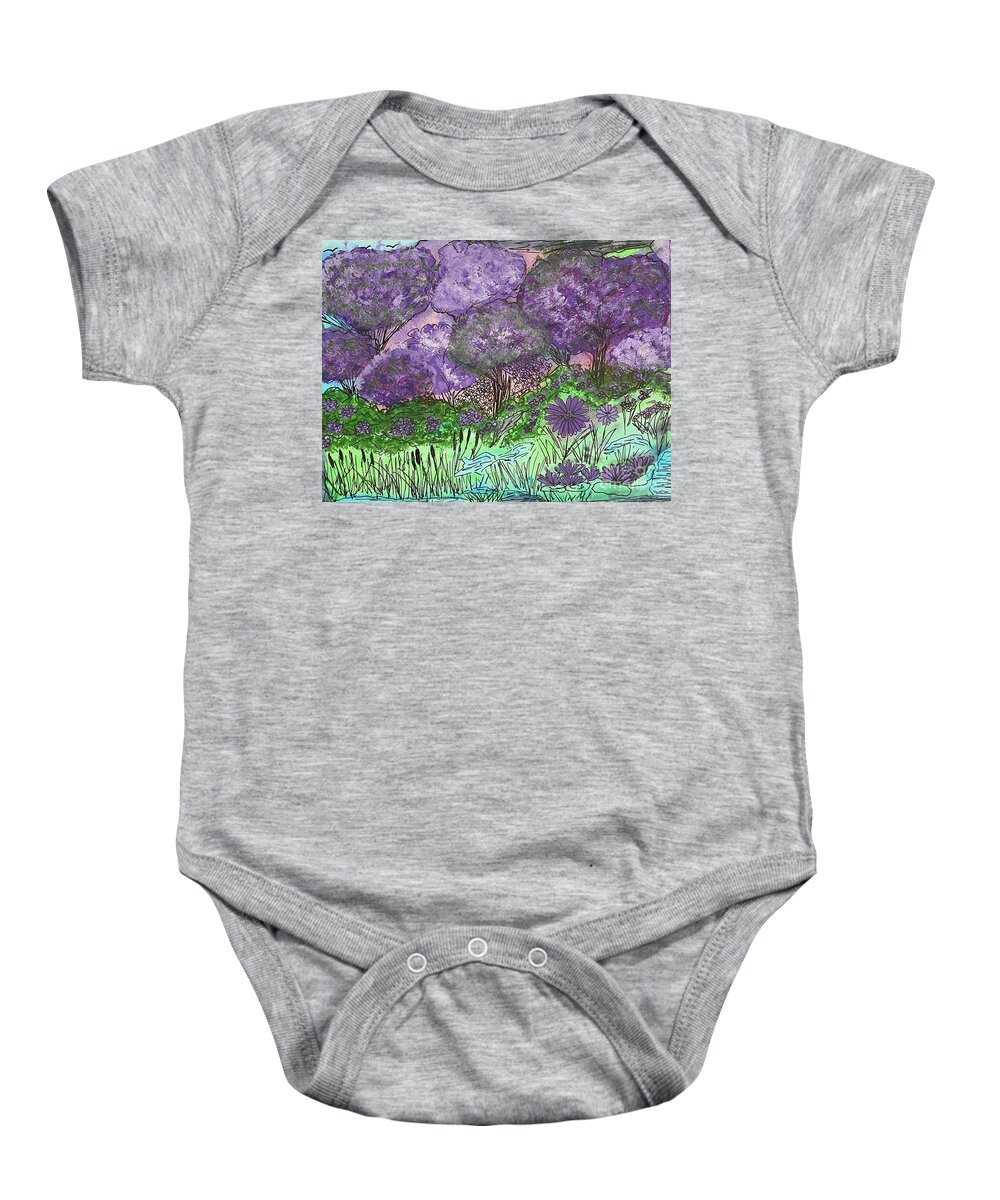 Purple Baby Onesie featuring the mixed media Purple Doodle Scene by Lisa Neuman