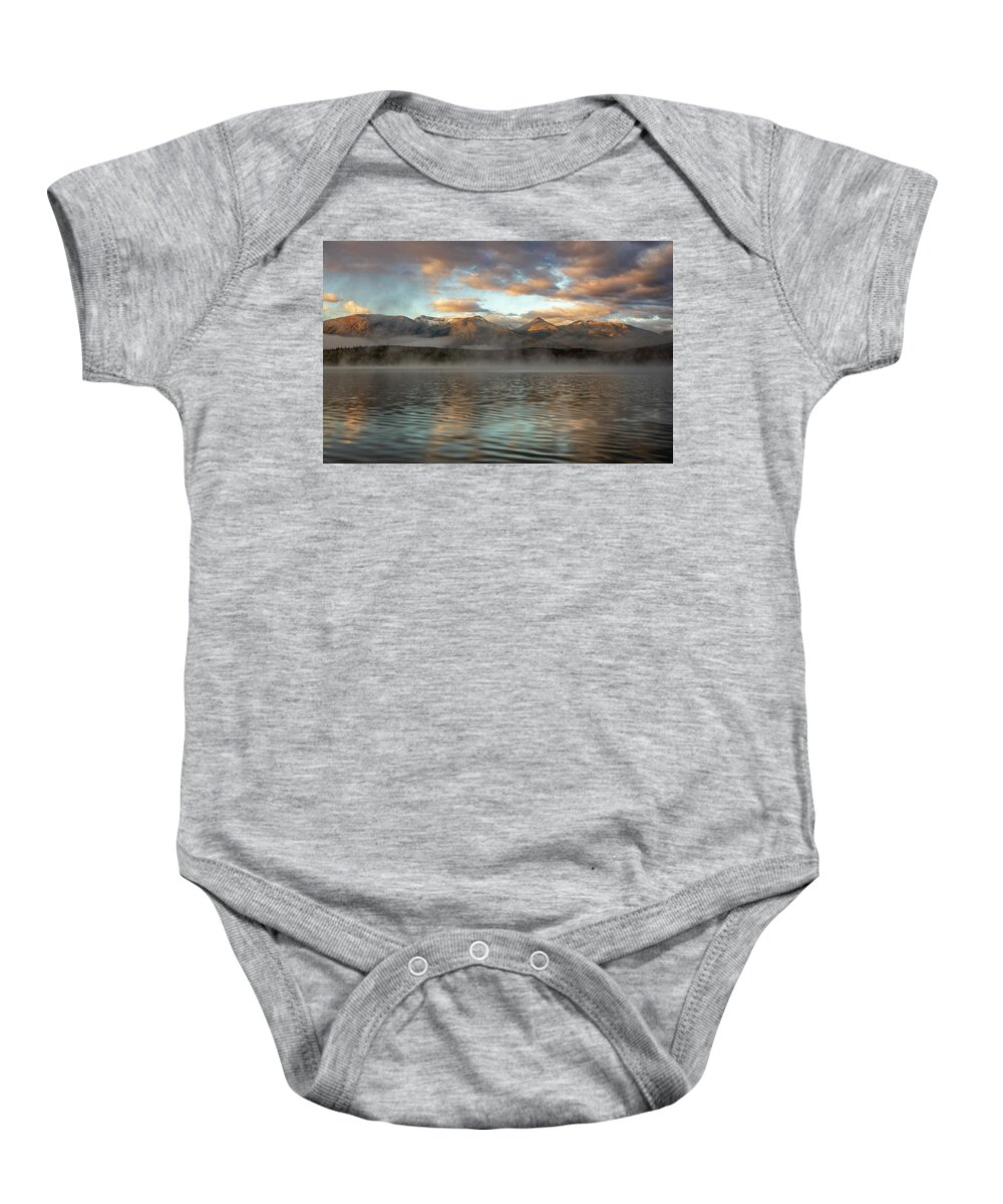 Foggy Morning Mountain Lake Baby Onesie featuring the photograph Pyramid Lake Foggy Sunrise by Dan Sproul