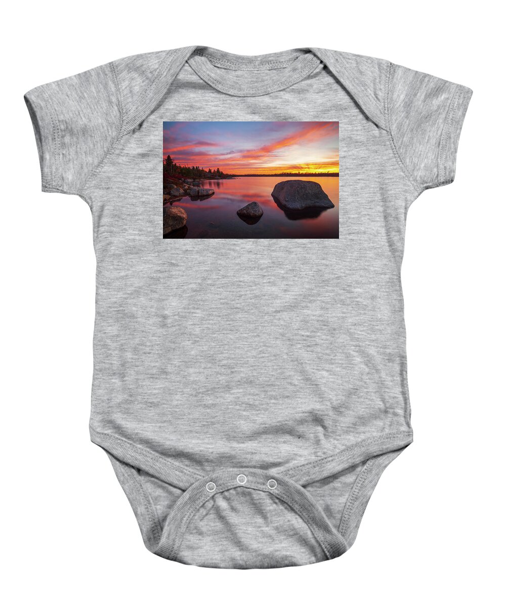 Autumn Baby Onesie featuring the photograph Quarry Lake Shoreline at Sunset by Irwin Barrett