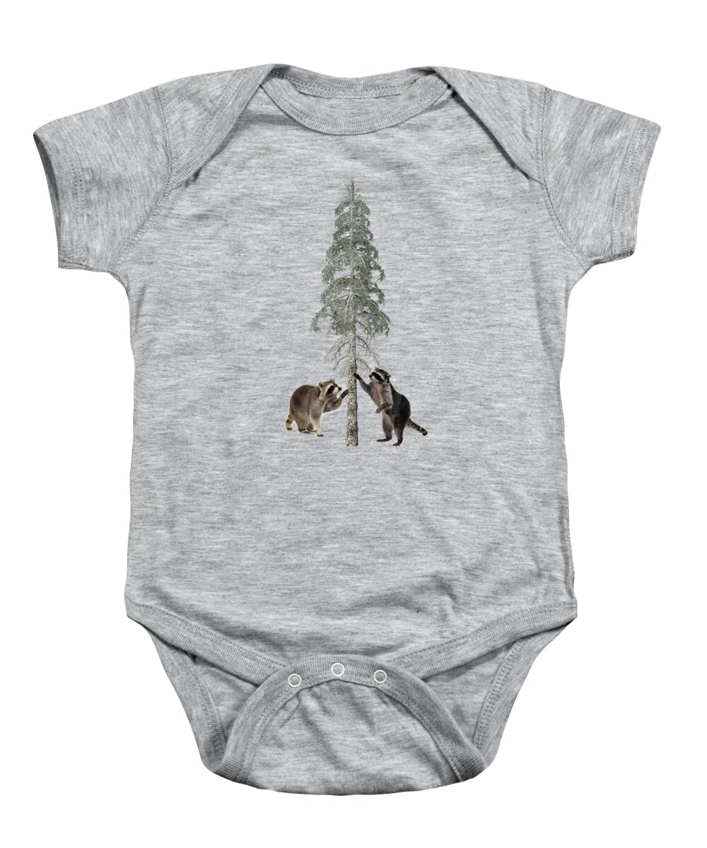 Raccoon Baby Onesie featuring the mixed media Raccoons in the Wild Winter Forest by David Dehner