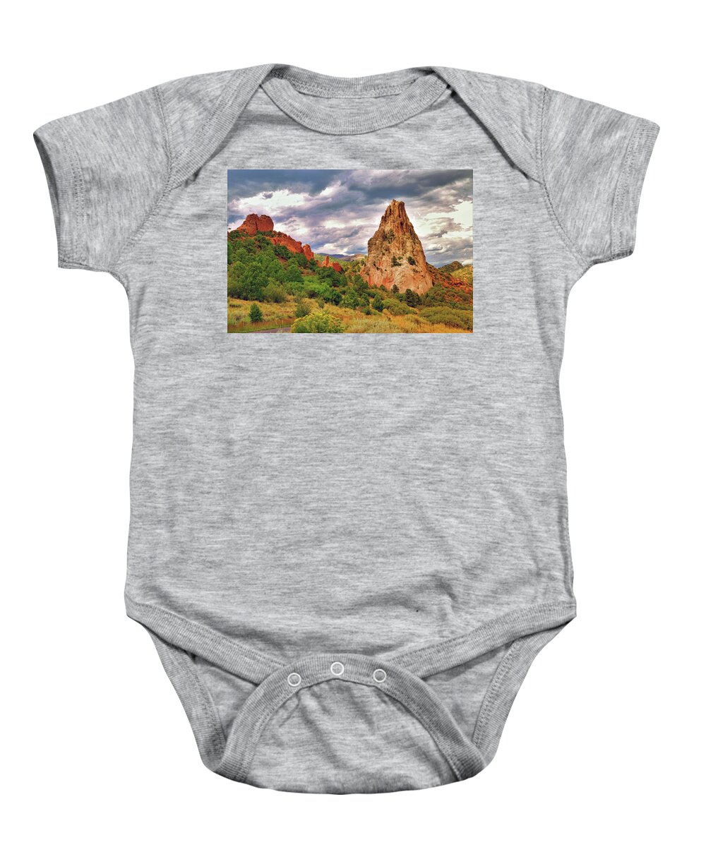 Colorado Baby Onesie featuring the photograph Red and White Sandstones in the Garden of the Gods in Colorado by Ola Allen