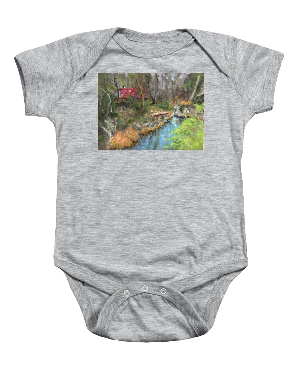 Caboose Baby Onesie featuring the pastel Red Caboose by Sandra Lee Scott