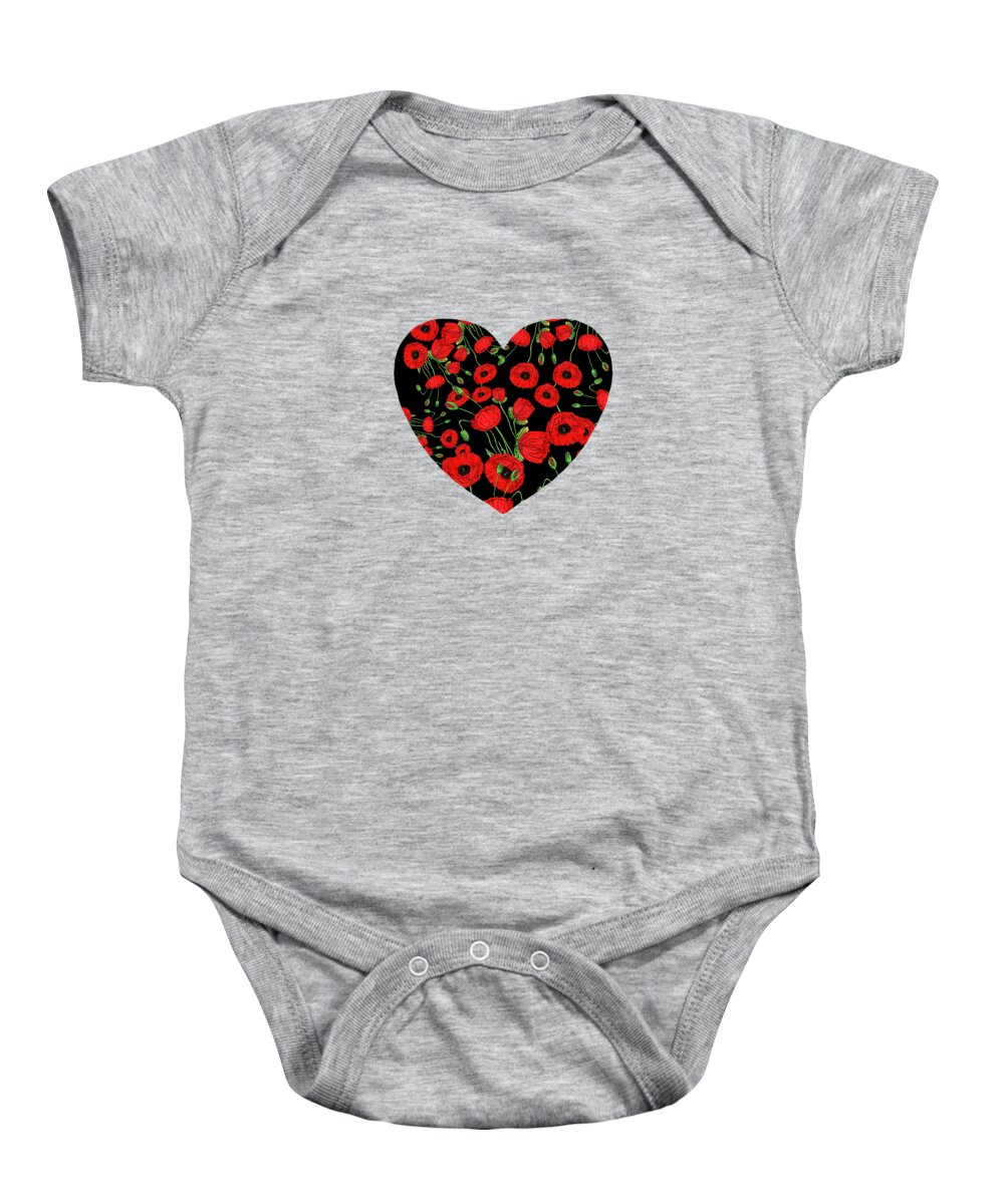 Heart And Flowers Baby Onesie featuring the painting Red Poppies On Black Flower Heart Watercolor Art I by Irina Sztukowski