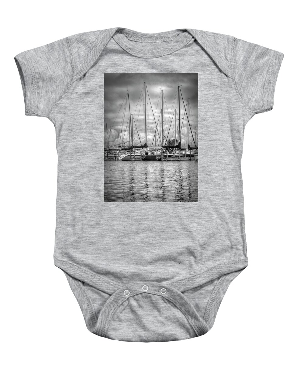 Boats Baby Onesie featuring the photograph Reflections and Boats at the Harbor in Black and White by Debra and Dave Vanderlaan