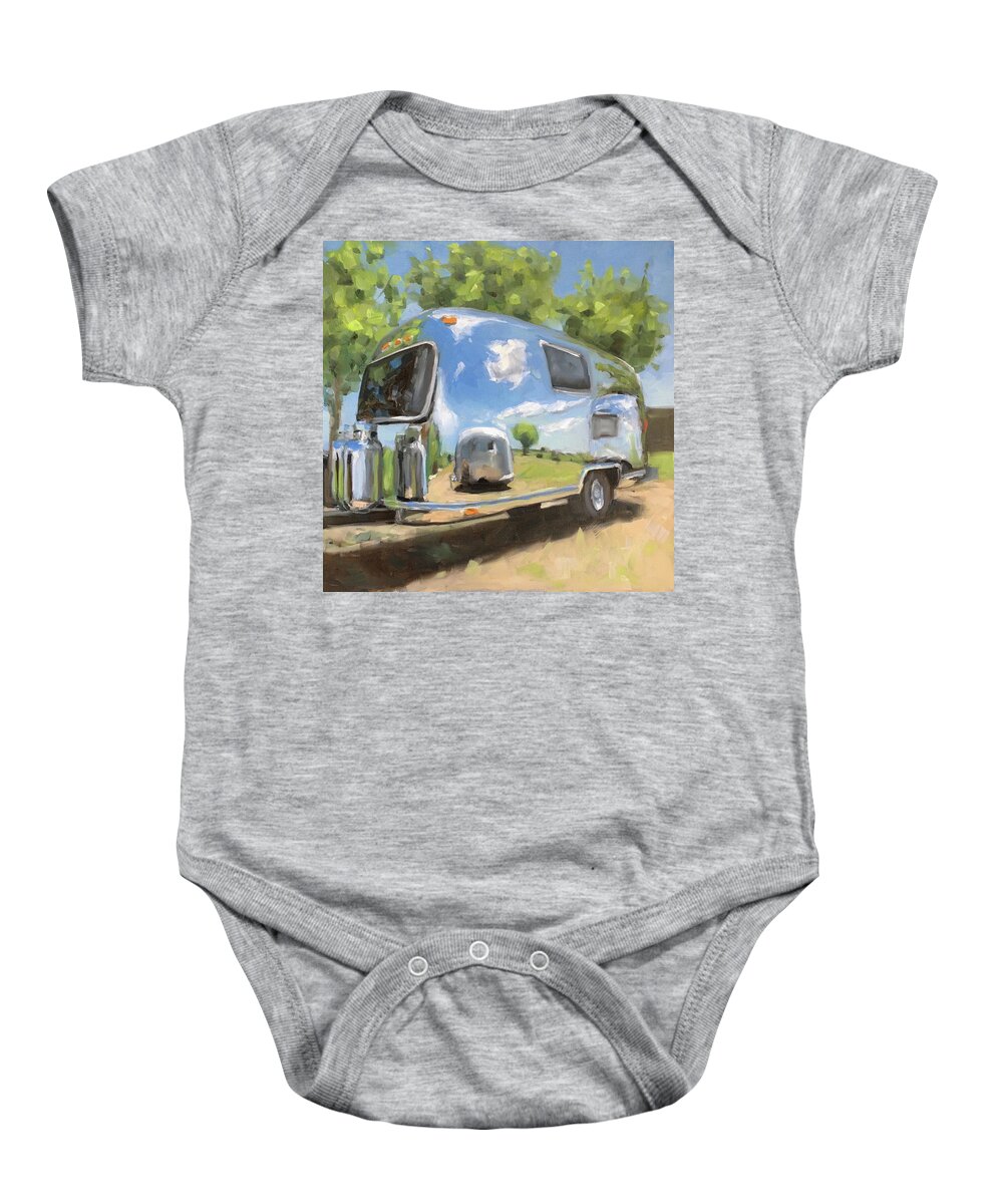 Airstream. Vintage Trailer Baby Onesie featuring the painting Reflections of Airstreams by Elizabeth Jose