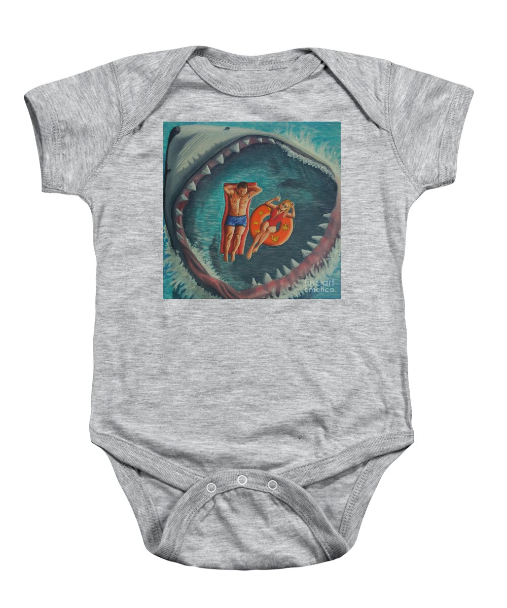Shark Baby Onesie featuring the painting Relaxing at the Beach by Ken Kvamme