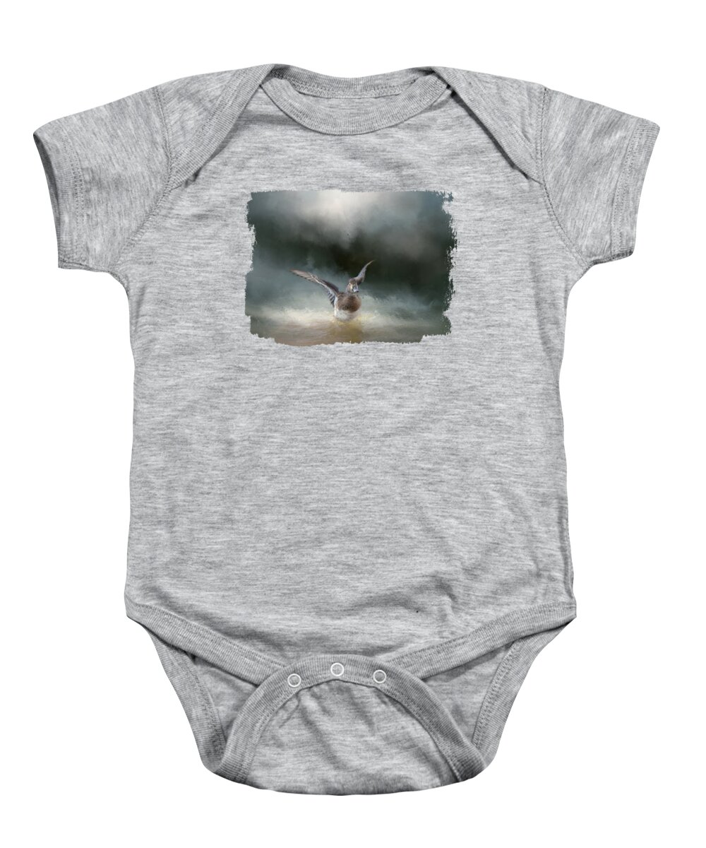 Ring Necked Duck Baby Onesie featuring the mixed media Ring Necked Duck Flapping Her Wings 01 by Elisabeth Lucas