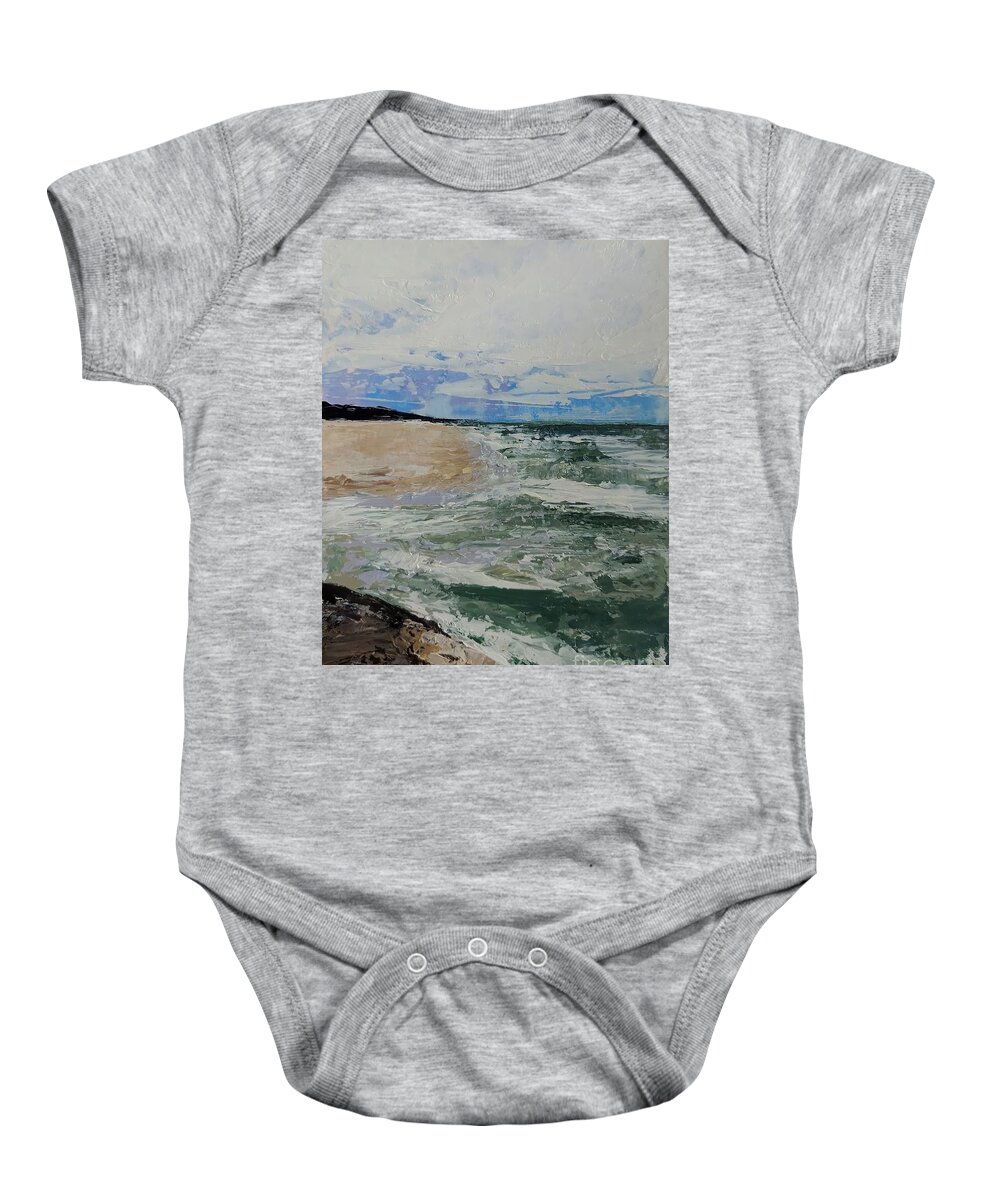 Grand Haven Beach Baby Onesie featuring the painting Rock and Waves, Grand Haven Beach by Lisa Dionne