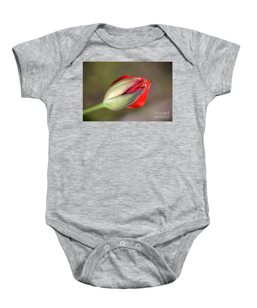 Tulip Baby Onesie featuring the photograph Romancing The Red Tulip Bud by Joy Watson