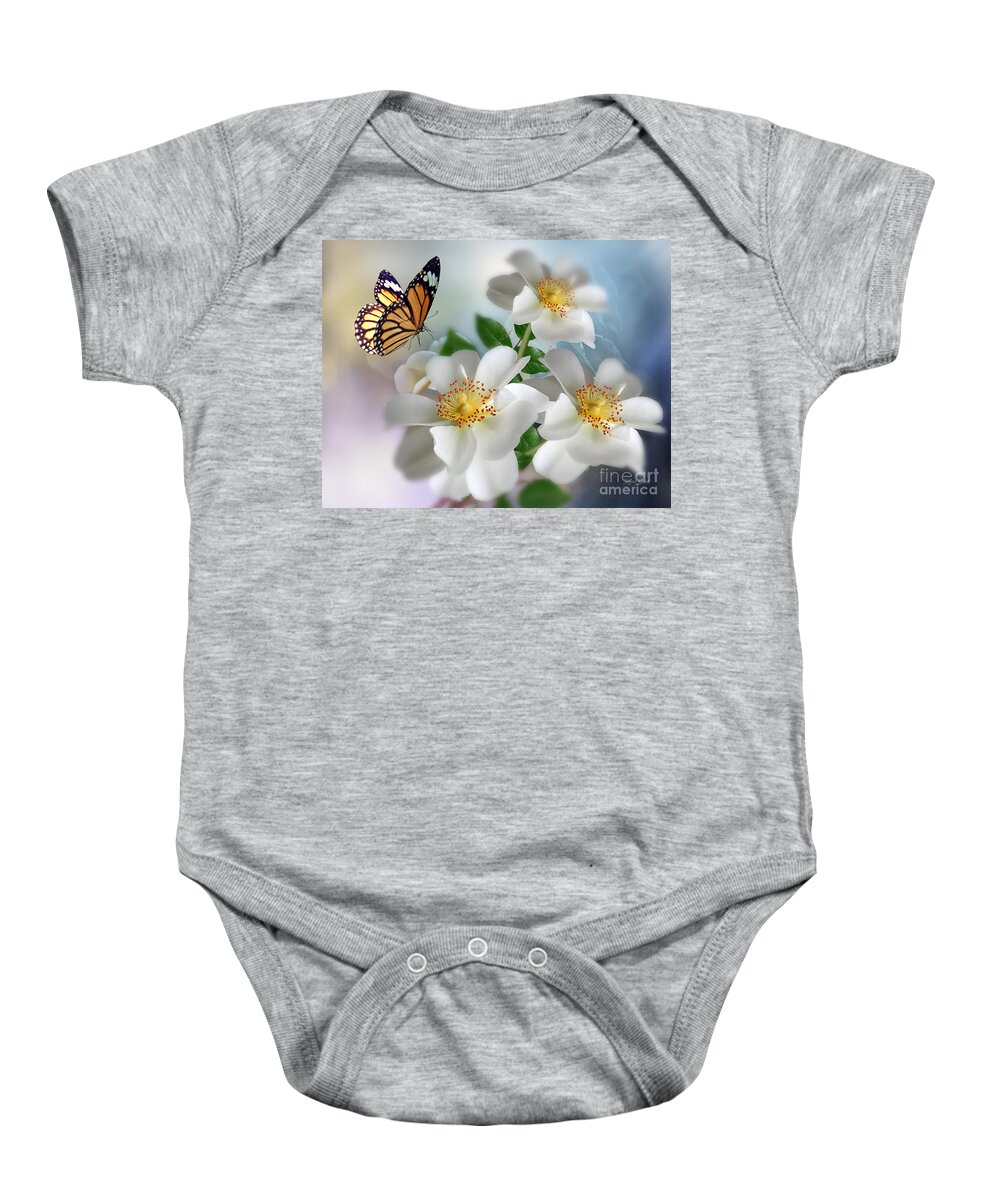Rambling Rose Baby Onesie featuring the mixed media Rosa Heleane and Butterfly by Morag Bates