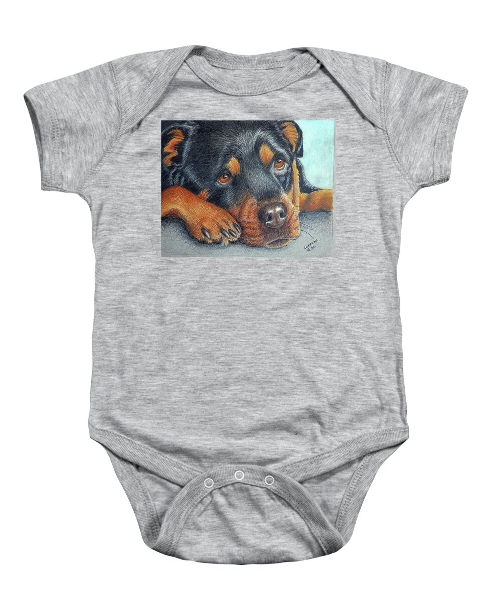 Dogs Baby Onesie featuring the drawing Rotti Pup by Lorraine Foster