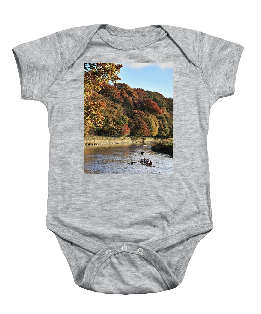 Autumn Baby Onesie featuring the photograph Rowing on the river Wear in autumn by Bryan Attewell