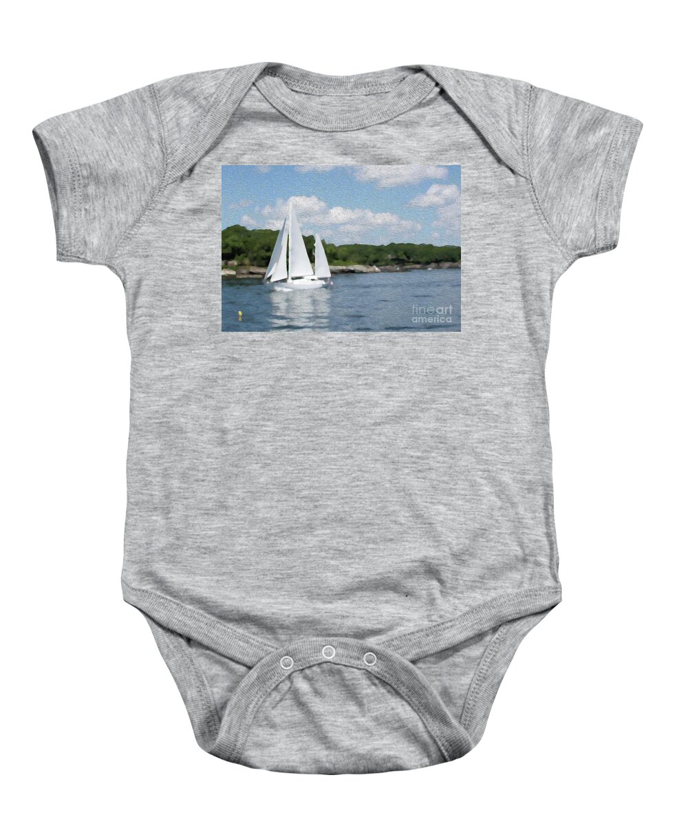 Casco Bay Baby Onesie featuring the digital art Sailboat in Casco Bay, Maine by Patti Powers