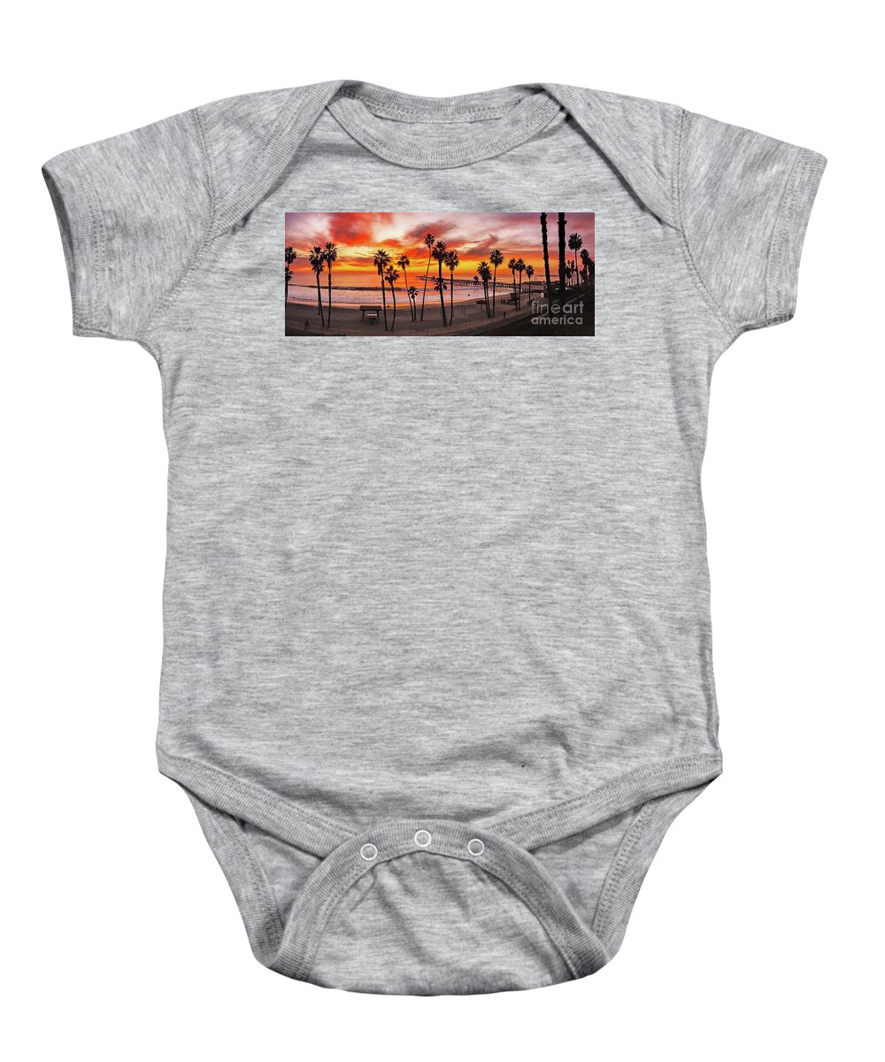 San Clemente Baby Onesie featuring the photograph San Clemente Pier Sunset Panoramic, California Coast by Don Schimmel