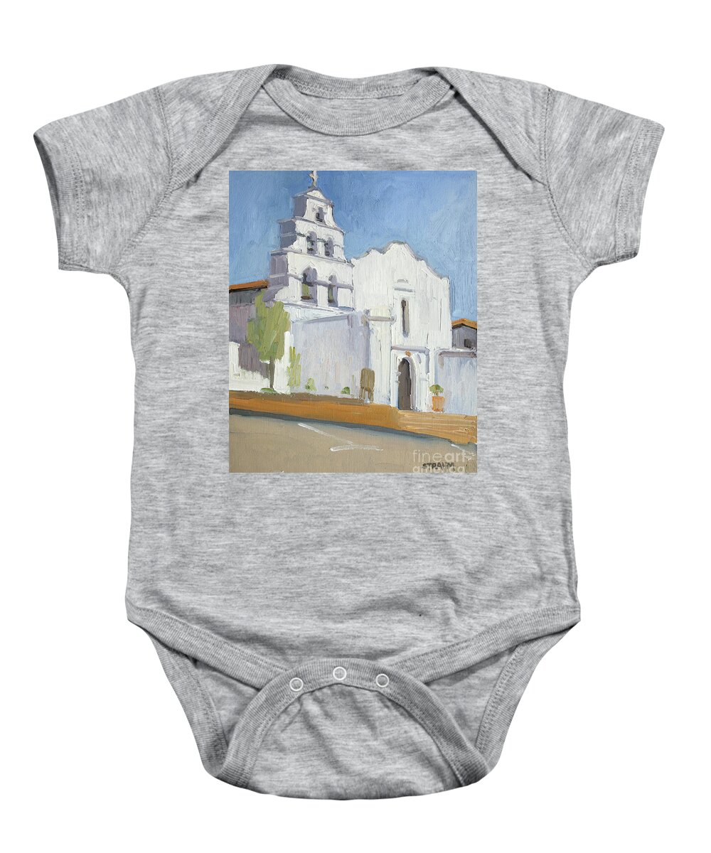 San Diego Mission De Alcalá Baby Onesie featuring the painting San Diego Mission Basilica - San Diego, California by Paul Strahm