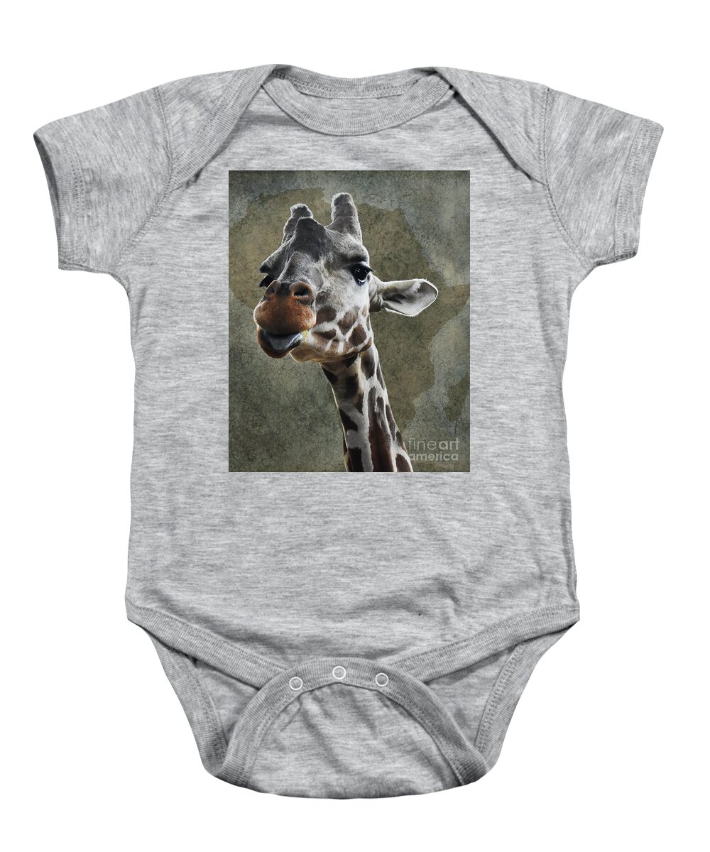 Sold Baby Onesie featuring the photograph Sassy Giraffe And Africa Map by Linda Brittain