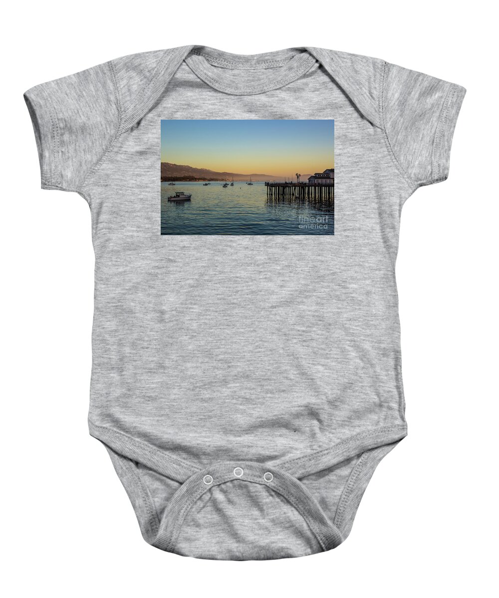 Sunset Baby Onesie featuring the photograph SB Wharf And Boats At Sunset by Suzanne Luft