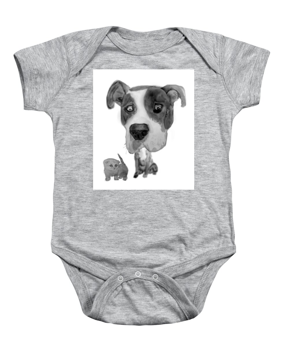 Pitbull Kitten Sketch Pencil Charcoal Baby Onesie featuring the mixed media Scarycat by Pamela Calhoun