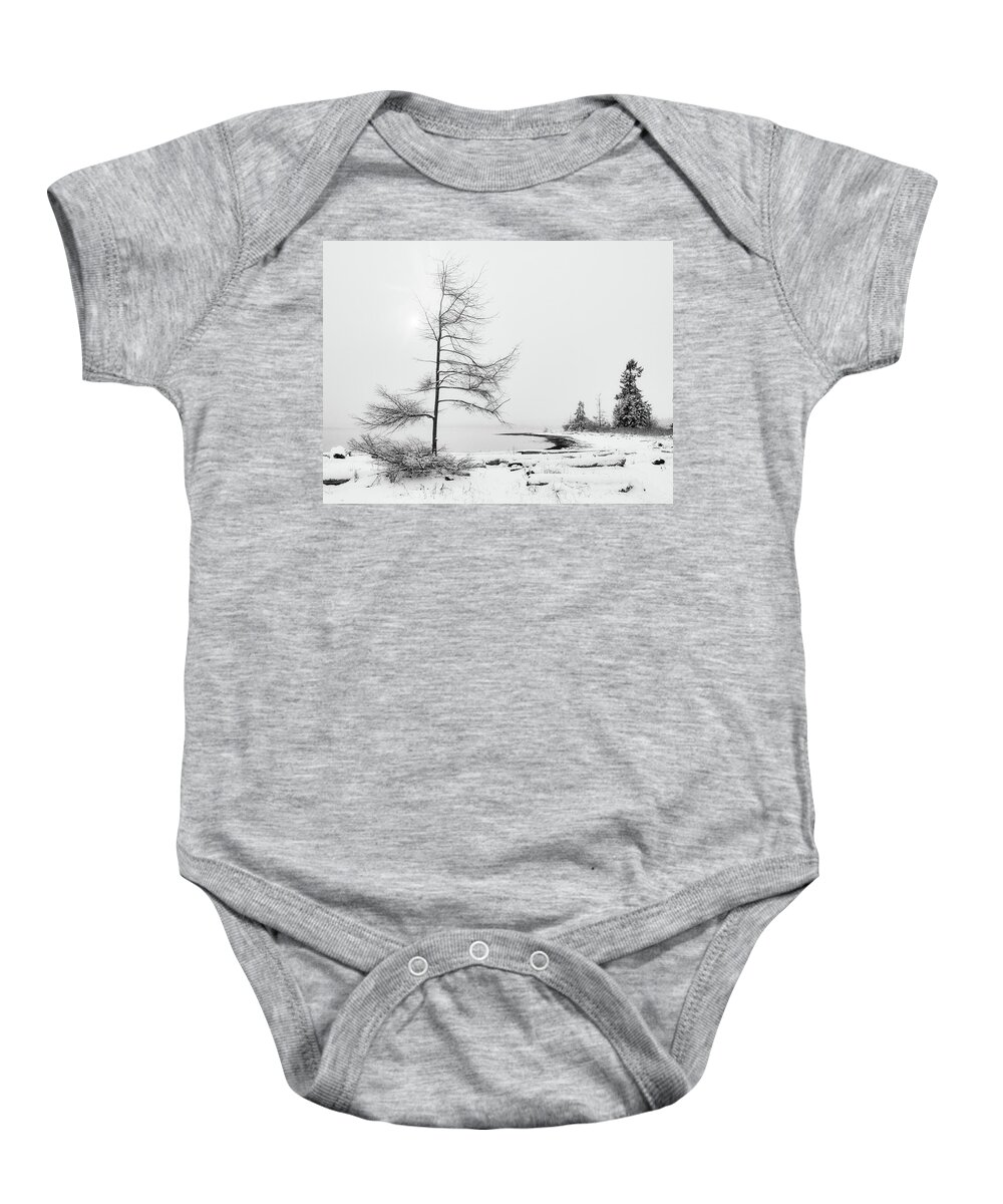 Landscape Baby Onesie featuring the photograph Seaborne Trees and Sun Black and White by Allan Van Gasbeck