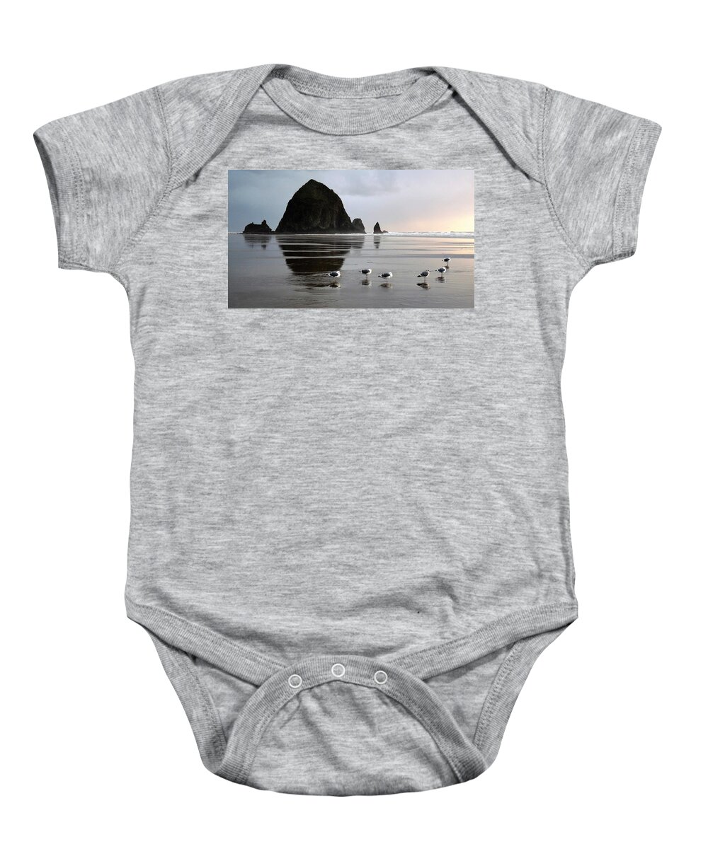 Oregon Baby Onesie featuring the photograph Seagulls at Haystack Rock by Tranquil Light Photography
