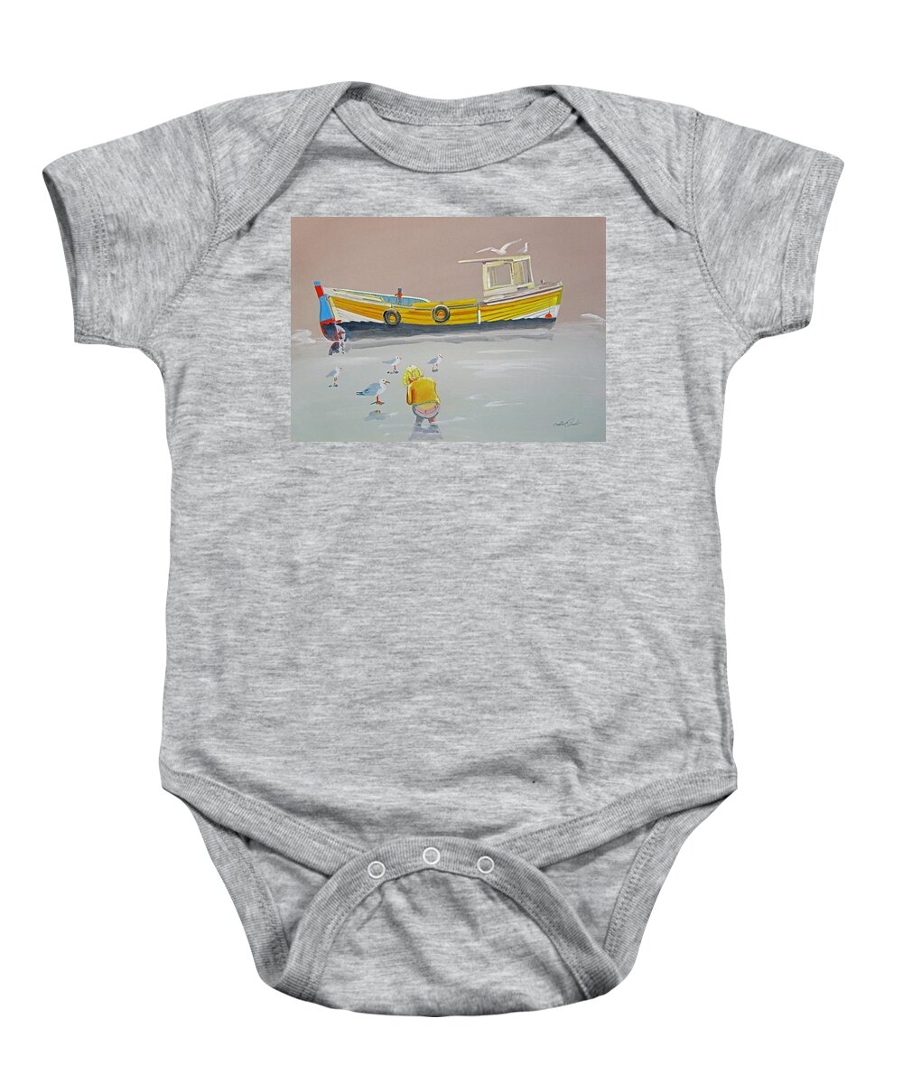 Fishing Boat Baby Onesie featuring the painting Seagulls With Fishing Boat by Charles Stuart