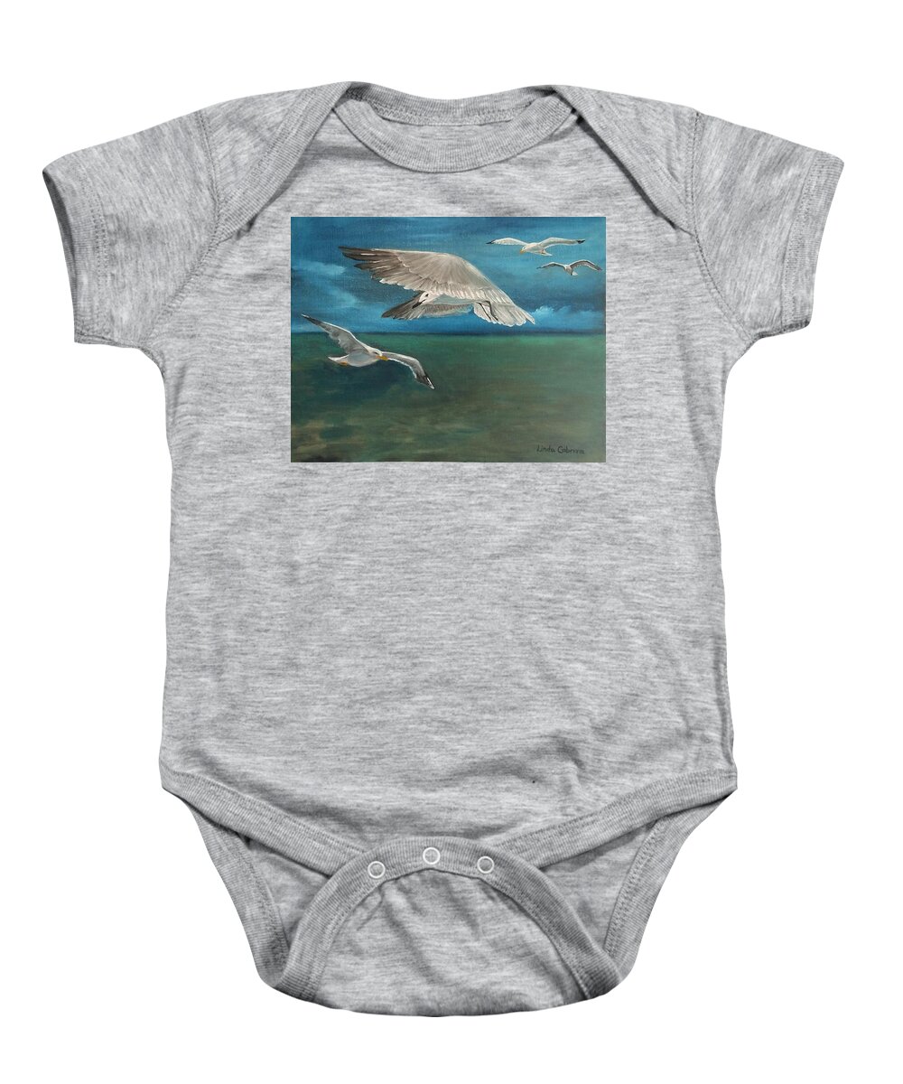Seagulls Baby Onesie featuring the painting Seagulls over the Florida Keys by Linda Cabrera