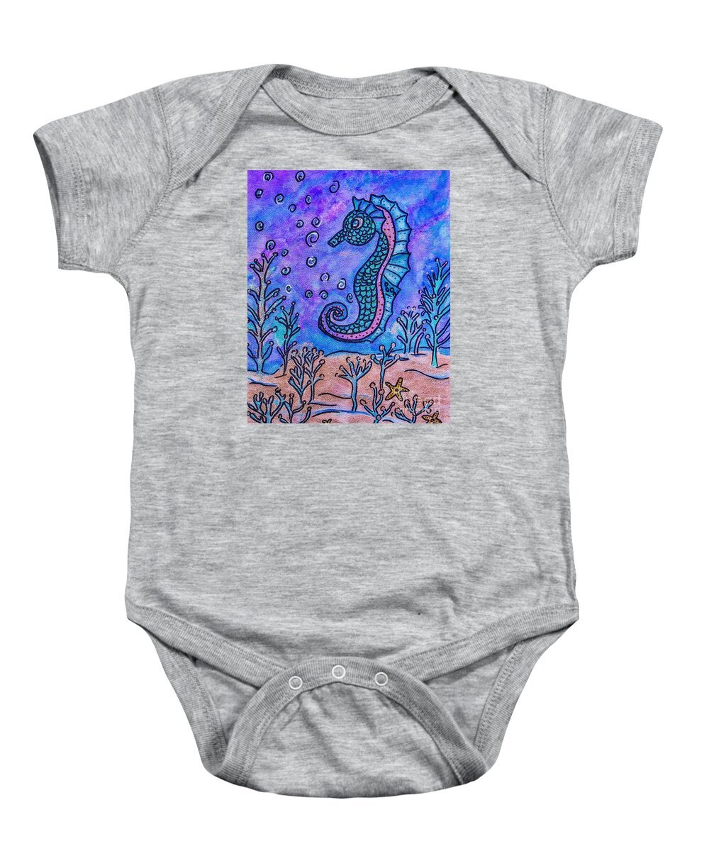 Whimsical Art Unique Art Baby Onesie featuring the mixed media Seahorse in a Rainbow Sea by Ginny Santos-Snyder