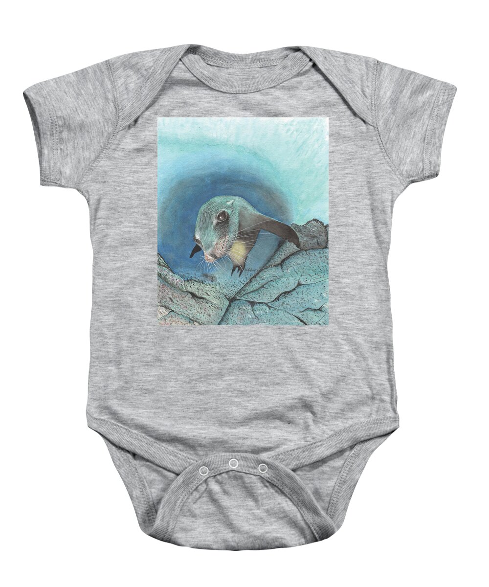 Seal Baby Onesie featuring the painting Seal Pup by Bob Labno