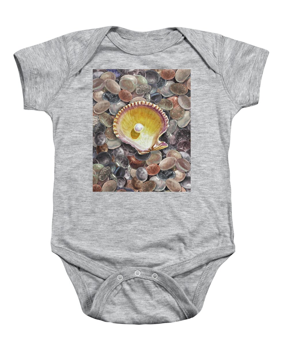 Seashell Baby Onesie featuring the painting Seashell And Pearl On The Beach Rocks Pebbles Watercolor by Irina Sztukowski