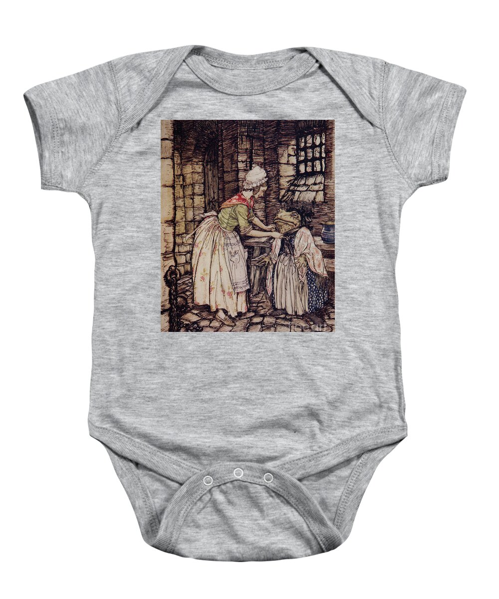 Jail Baby Onesie featuring the painting She arranged the shawl with a professional fold by Arthur Rackham