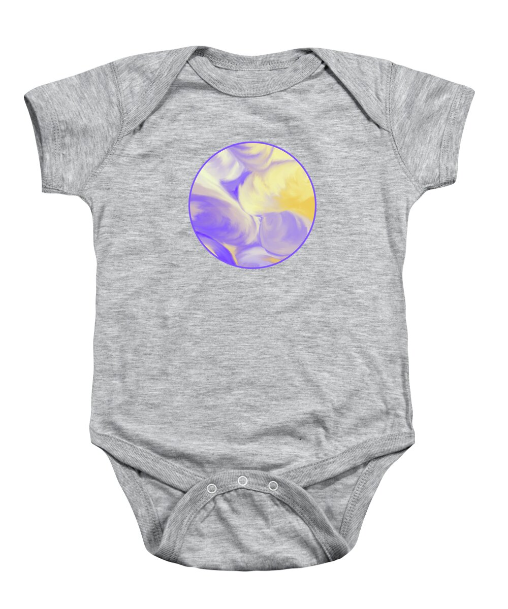 Swirls Baby Onesie featuring the painting She Sells Sea Shells in Violet and Yellow by Barefoot Bodeez Art