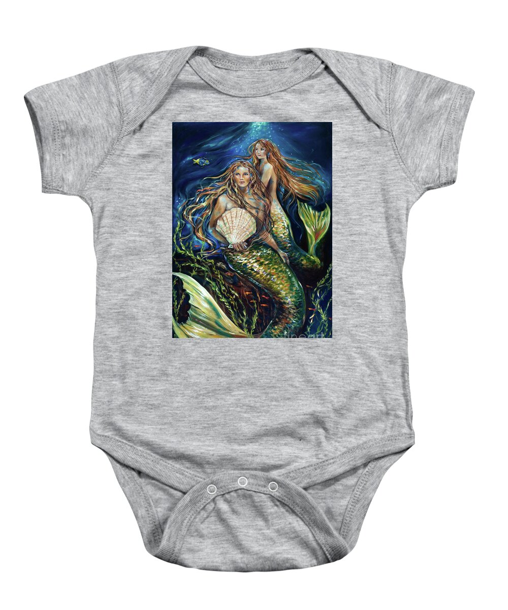 Mermaid Baby Onesie featuring the painting Sisters by Linda Olsen