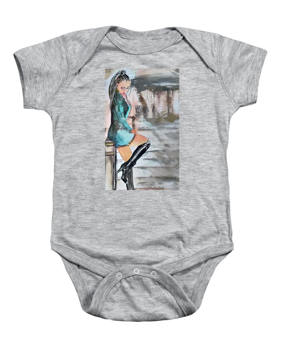 Sitting Baby Onesie featuring the painting Sitting On The Post by Lisa Kaiser