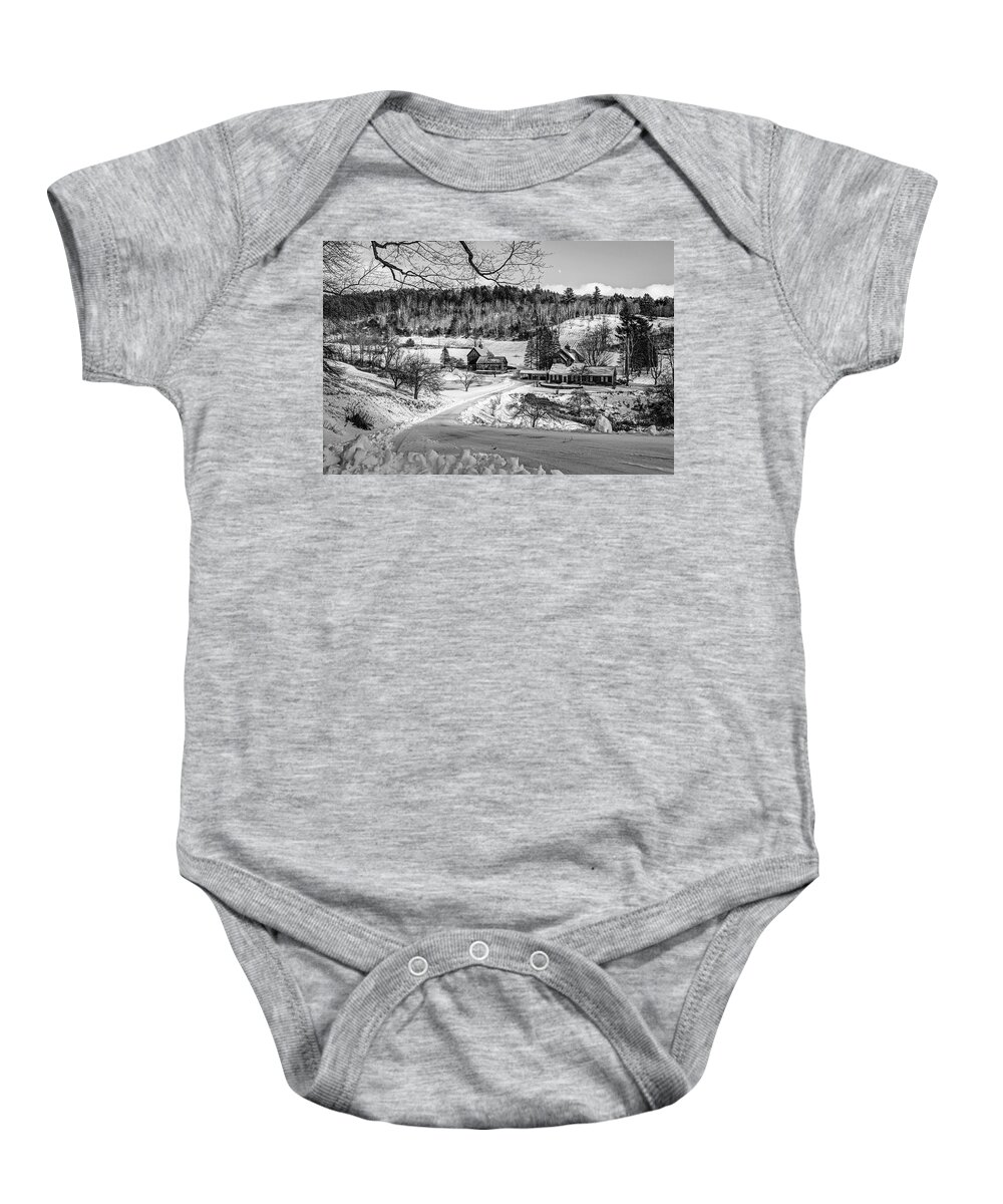 Pomfret Baby Onesie featuring the photograph Sleepy Hollow farm in Winter Snow Pomfret VT Woodstock Black and White by Toby McGuire