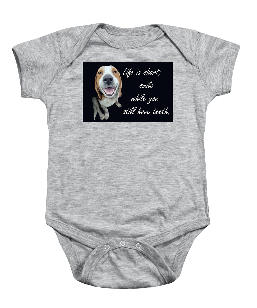 Animal Baby Onesie featuring the mixed media Smile by Judy Cuddehe