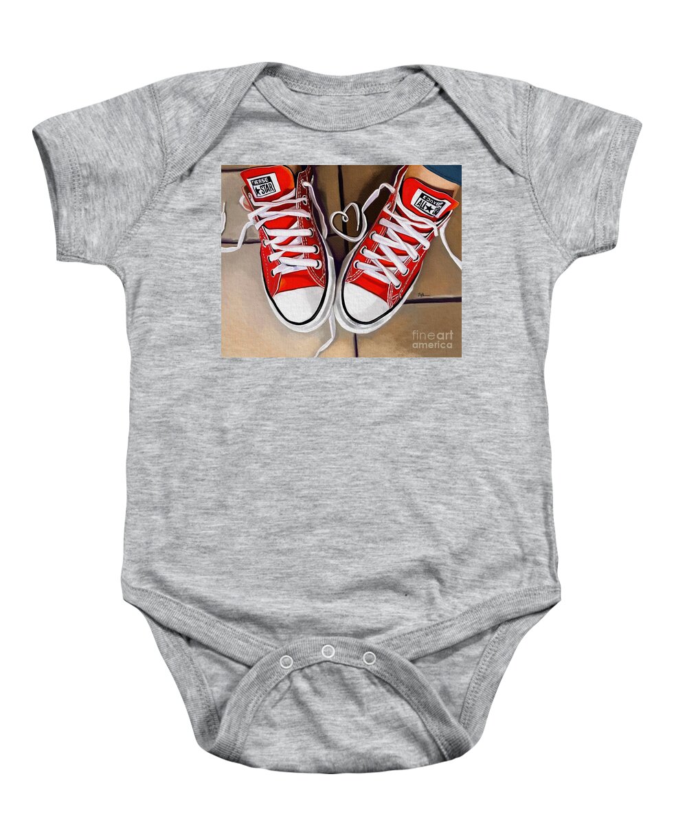 Red Baby Onesie featuring the painting Sneaker Love by Tammy Lee Bradley