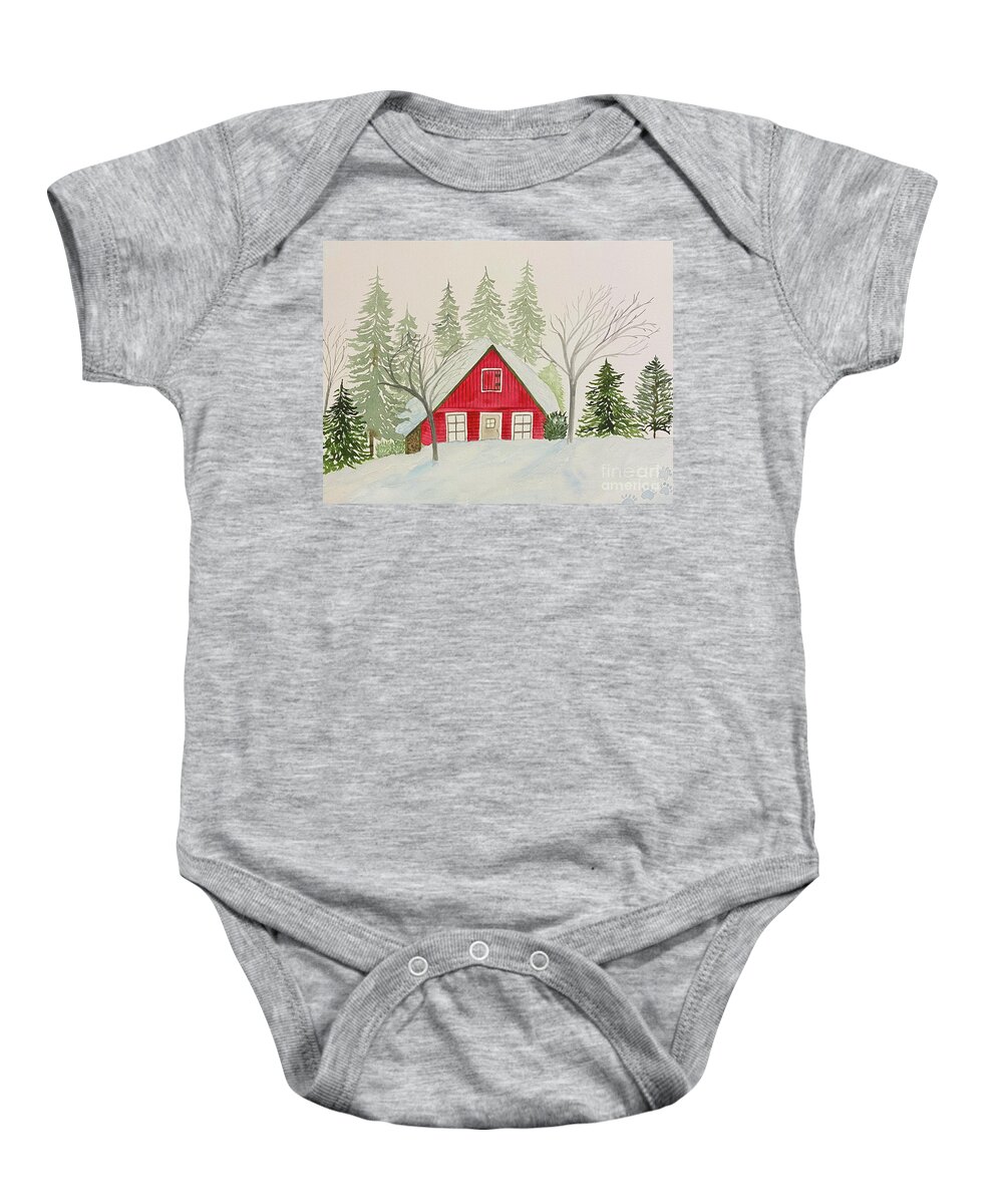 Snow Baby Onesie featuring the painting Snow Cabin by Lisa Neuman
